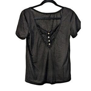Joufolie Mia Joy Black Lace V Neck Short Sleeve Top Women's XS Heathered Buttons